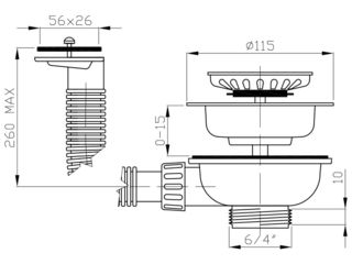 Obrázek 1 produktu Ventil dřezový 115 6/4" výtokový, hor. odtok