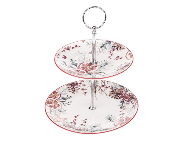 Obrázek produktu Stojan dvoupatrový servírovací porcelánový, bílo-červený s pomerančem, 1/18