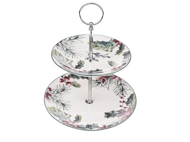 Obrázek produktu Stojan dvoupatrový servírovací porcelánový, bílo-zelený s cesmínou, 1/18