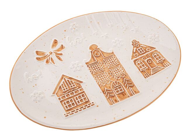 Obrázek produktu Talíř oválný servírovací keramický, bílý s béžovými domky 19x26 cm, 4/32