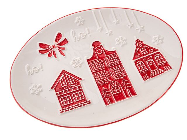 Obrázek produktu Talíř oválný servírovací keramický, bílý s červenými domky 19x26 cm, 4/32