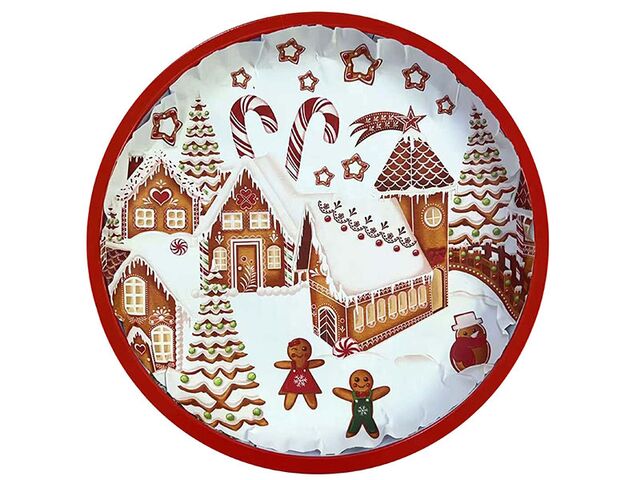 Obrázek produktu Podnos kulatý, perníková vesnička 26x2,5 cm plech