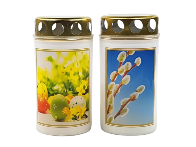 Obrázek produktu Svíčka hřbitovní 100g s víčkem, bílá s obrázkem Velikonoce