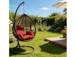 Křeslo závěsné OTELO hnědé DJ658, červený polstr BX1022