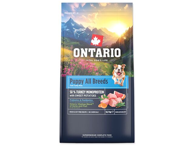 Obrázek produktu Krmivo Ontario Puppy & Junior All Breeds Monoprotein Turkey & Sweet Potatoes 6,5kg