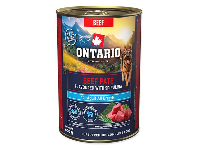 Obrázek produktu Konzerva Ontario Adult hovězí pate s příchutí spiruliny 400g