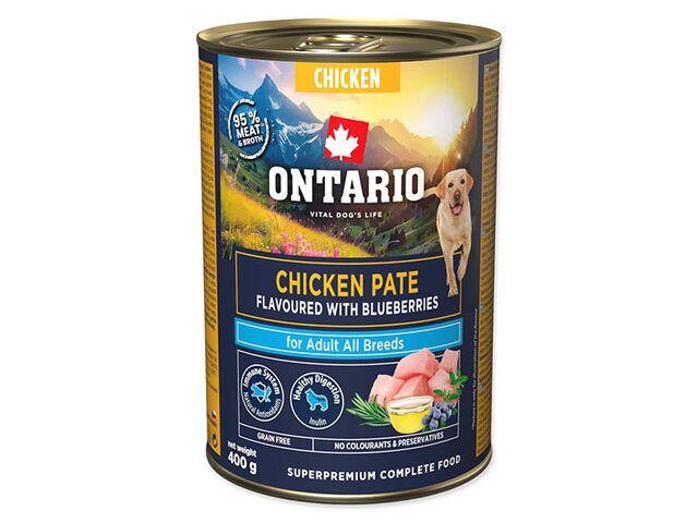 Obrázek produktu Konzerva Ontario Adult kuřecí pate s příchutí borůvek 400g