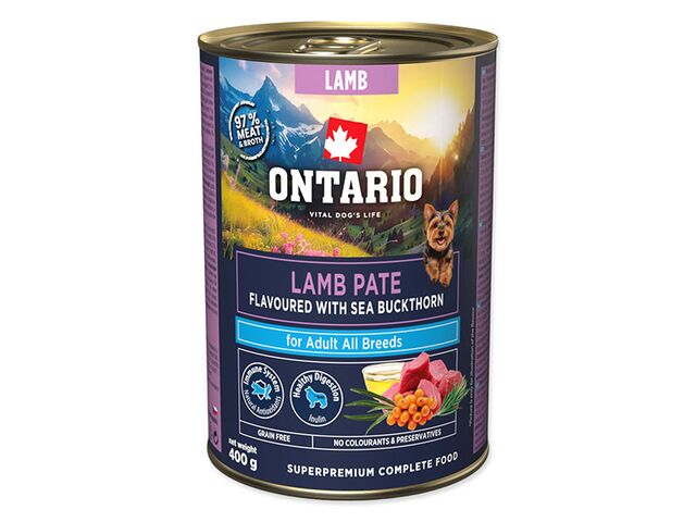 Obrázek produktu Konzerva Ontario Adult jehněčí pate s příchutí rakytníku 400g