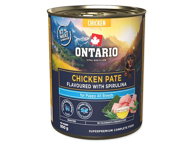 Obrázek produktu Konzerva Ontario Puppy kuřecí pate s příchutí spiruliny 800g
