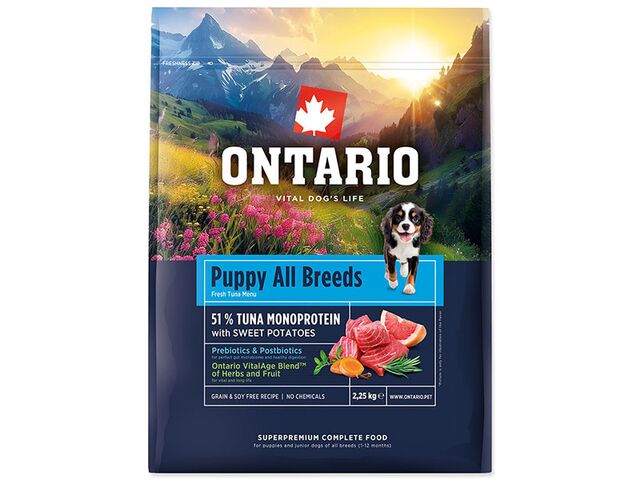 Obrázek produktu Krmivo Ontario Puppy & Junior All Breeds Monoprotein Tuna & Sweet Potatoes 2,25kg