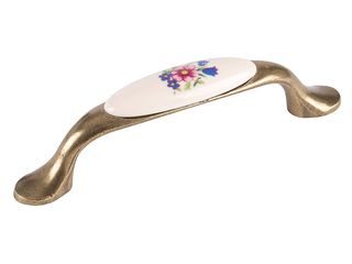 Úchytka nábytková 96 mm, mosaz antik/porcelán, kytice