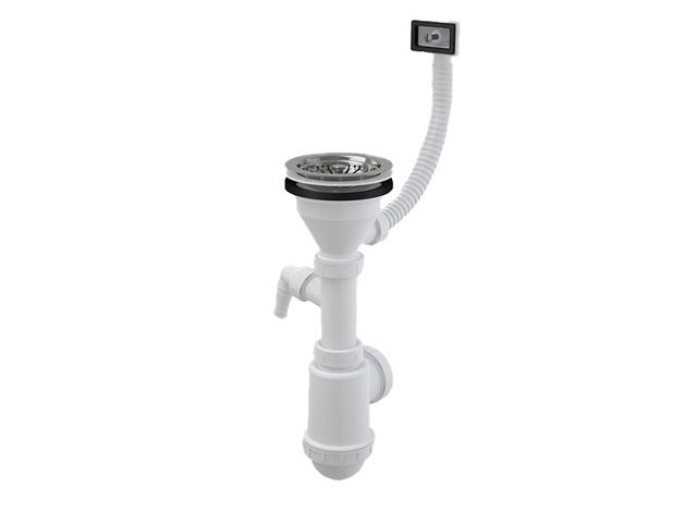 Obrázek produktu Sifon dřezový s nerezovou mřížkou pr.115, flexi přepadem a přípojkou