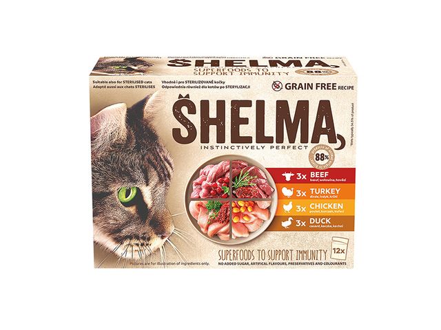 Obrázek produktu Kapsička Shelma kočka 12pack 85g s kuřecím, hovězím, kachním a krůtím
