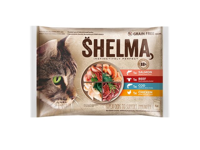 Obrázek produktu Kapsička Shelma kočka 4pack 85g s kuřecím, hovězím, lososem a treskou