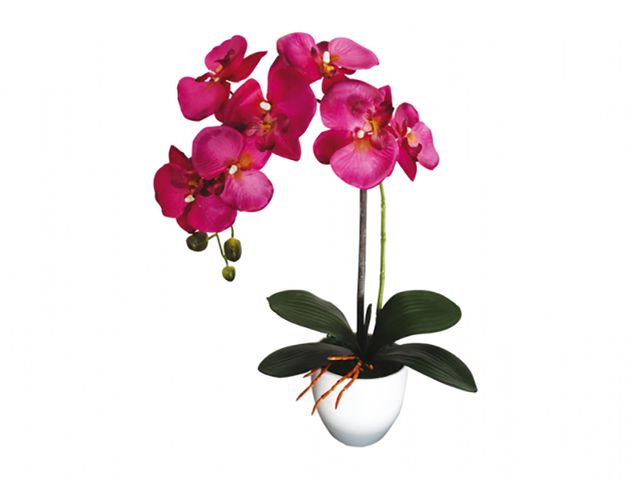 Obrázek produktu Orchidej umělá v květníku 55cm/1 výhon - 7 květů/fialová