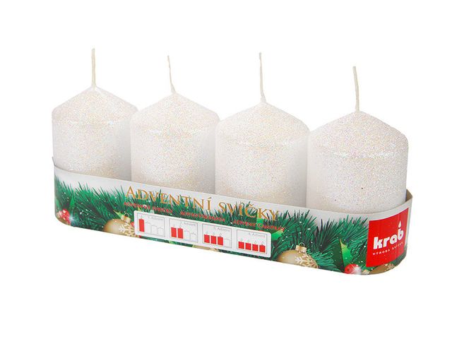 Obrázek produktu Svíčky vánoční adventní 4ks, pr. 5, výška 8cm, flitrovaná bílá