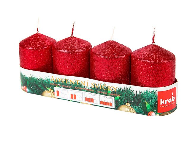 Obrázek produktu Svíčky vánoční adventní 4ks, pr. 5, výška 8cm, flitrovaná červená