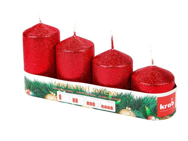 Obrázek produktu Svíčky vánoční adventní stupňovité, 4ks, pr.5cm, flitrovaná červená