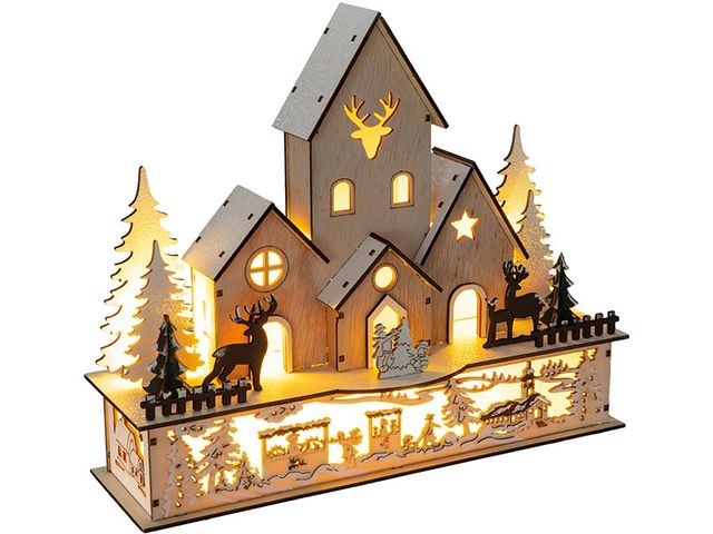 Obrázek produktu Vánoční LED dekorace, vesnička, dřevo, 9 LED, teplá bílá, vnitřní, Retlux