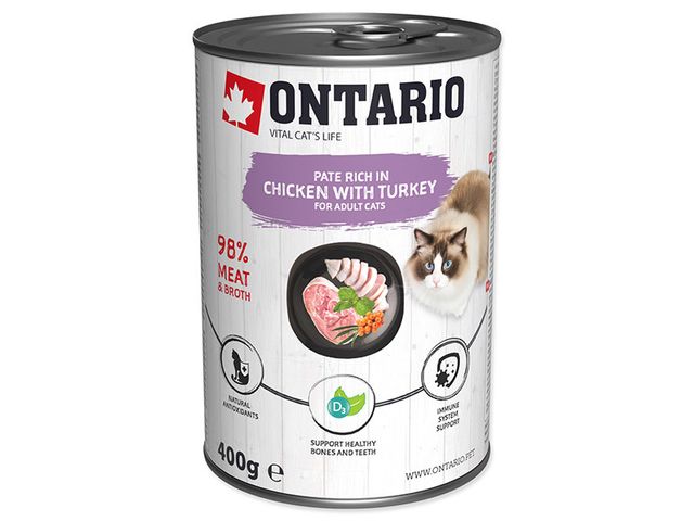 Obrázek produktu Konzerva Ontario Chicken with Turkey flavoured with Sea Buckthorn 400g