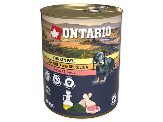Obrázek produktu Konzerva Ontario Puppy Chicken Pate flavoured with Spirulina and Salmon oil 800g