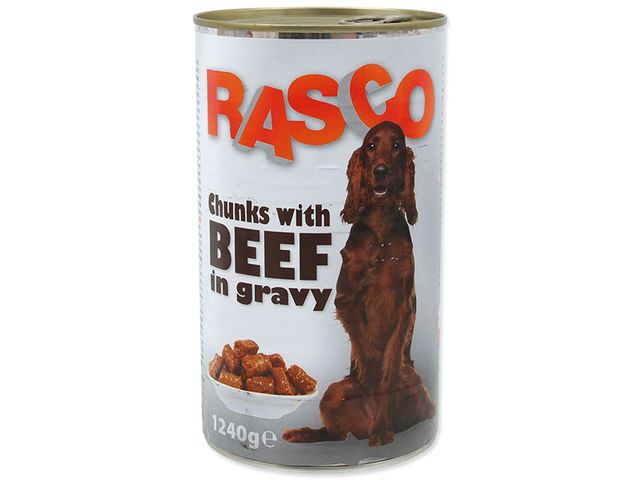 Obrázek produktu Konzerva Rasco Dog hovězí kousky ve šťávě 1240g
