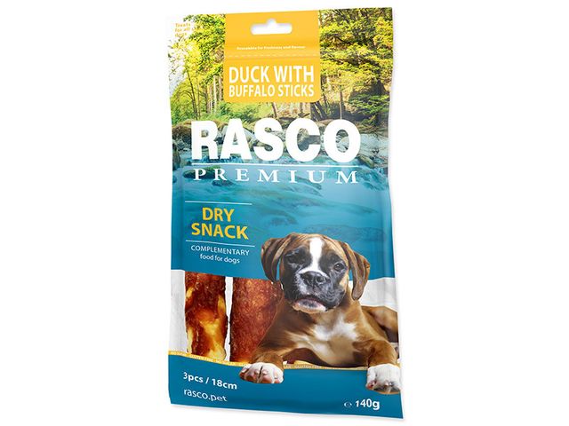 Obrázek produktu Pochoutka Rasco Premium 3 tyčinky bůvolí 18cm obalené kachním masem 140g