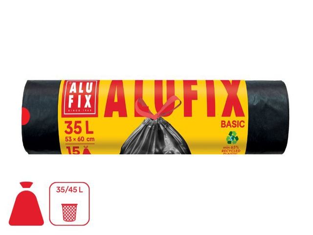 Obrázek produktu Pytle na odpadky se zatahováním HDPE 35 l, 15 ks, 15 µ, 53x60 cm, černé