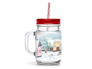 Sklenice s víčkem a brčkem VÁNOČNÍ VESNIČKA, 450 ml