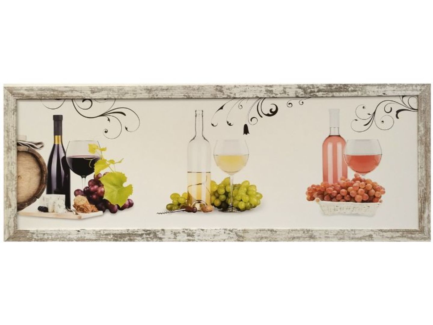 Obraz v rámu tisk na papír lepený na MDF desku, 30x90 cm, Víno