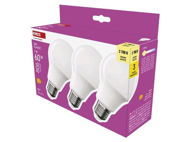 Obrázek produktu Žárovka LED CLS A60 E27 7W(60W) 806lm WW 3PC