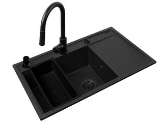 Set dřez granitový Camea L 79x50 + baterie Idea se sprchou, černý/volkano