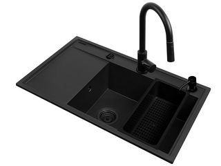 Set dřez granitový Camea P 79x50 + baterie Idea se sprchou, černý/volkano