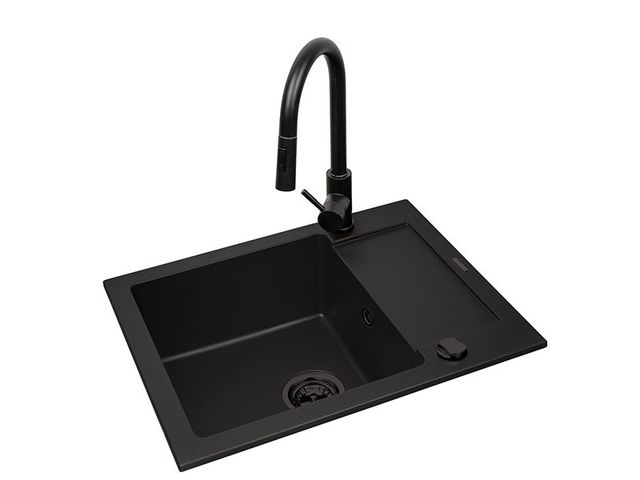 Obrázek produktu Set dřez granitový Mido 62x50 + baterie Idea se sprchou, černý/volkano