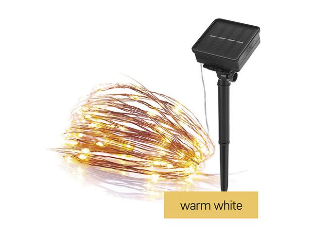 Obrázek produktu LED nano řetěz se solárním panelem, měděný, 12 m, teplá bílá, časovač, venkovní