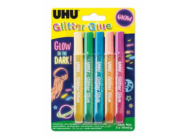Obrázek produktu Lepidlo gelové třpytivé UHU Glitter Glue Glow in the Dark, sada 5x10 ml