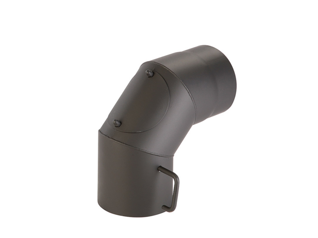 Obrázek produktu Koleno kouřové s čistící otvorem a klapkou. Ø150mm/90st.,tl.1,5mm, černé