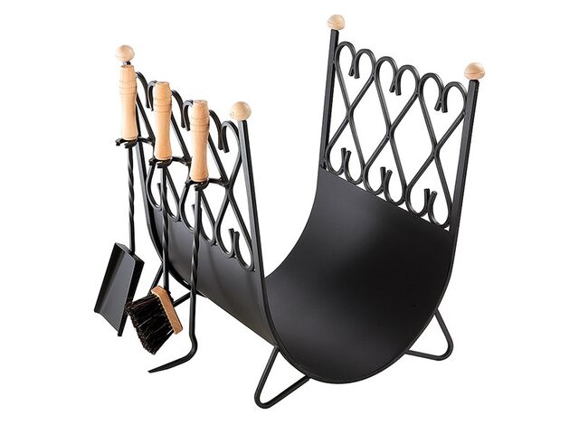 Obrázek produktu Koš krbový velký s nářadím, černé/dřevo, 55x50x50cm