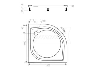 Obrázek 1 produktu Vanička sprchová čtvrtkruhová EX 1000x1000 mm, R550, bez nožiček