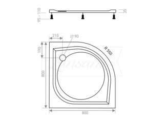 Obrázek 1 produktu Vanička sprchová čtvrtkruhová EX 800x800 mm, R550, bez nožiček